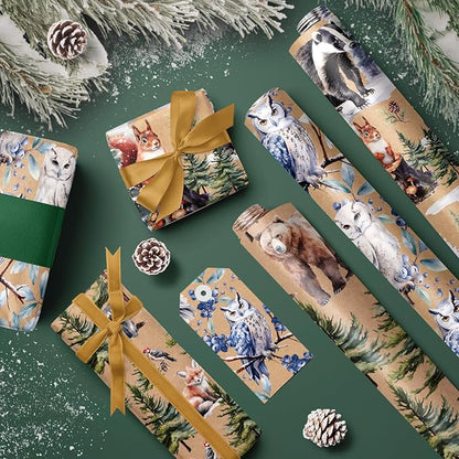 WRAPAHOLIC Kraft Christmas Wrapping Paper Roll - Mini Roll - 3 Rolls - 17 Inch x 120 Inch Per Roll - Wild Animals Winterfall Watercolor Holiday Collection