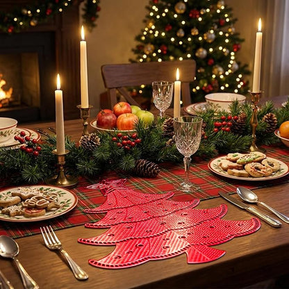 Lot of 6 Christmas Placemats, Placemats Decorations Table Mats Hollow Out Vinyl Place Mats for Dining Table Setting Kitchen Table Mats Christmas Decoration (Red Christmas Tree)