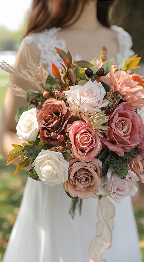 Artificial Flowers Combo Silk Mix Fake Flowers Leaf for DIY Wedding Bouquets Floral Centerpieces for Tables and Chairs Party Baby Shower Home Decorations(Coffee)