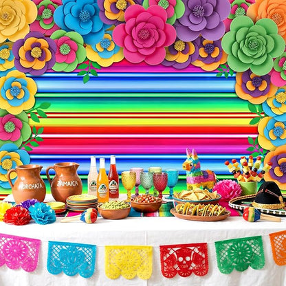 Frienda 36 Pcs DIY Paper Flower Decor Set with 83x59 Inch Custom Background Cloth and Rope, Artificial 3D Flower Wall Decor for Wall Bulletin Board Wedding Halloween Mexican Festive Party (Stripe)