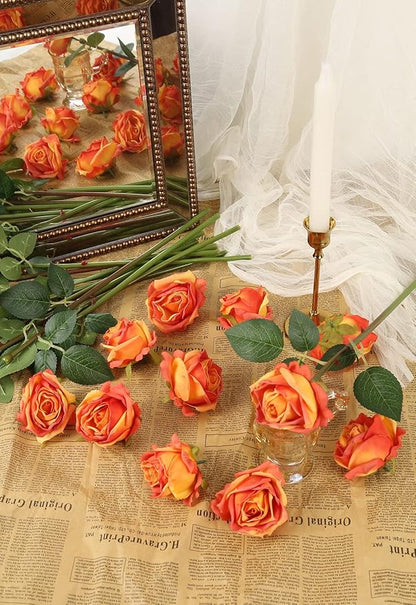 IPOPU Artificial Flowers Heads Bulk 12pcs Artificial Roses Heads Sunset Fake Flowers Bulk for Silk Flower Arrangements Rustic Wedding Decor Bridal Shower Decorations (Sunset)