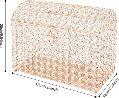 Crystal Wedding Card Box With Heart Lock, Gold Crystal Treasure Chest Money Card Gift Decorative Memory Box for Wedding Birthday Graduation Party