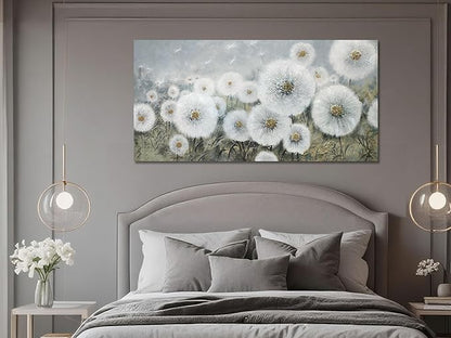 Ardemy Flower Wall Art Canvas Dandelion Painting White Floral Picture, Textured Large Framed for Living Room Bedroom Kitchen Dining Room Bathroom Home Office Decor 40"x20"
