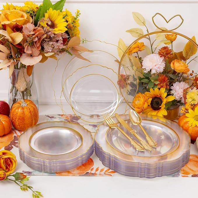 YOUBET 125PCS Thanksgiving Plastic Plates - Clear Gold Disposable Plates - 25 Guests Baroque Plastic Dinnerware Includes 25Dinner Plates, 25Dessert Plate, 75Silverware for Party & Wedding