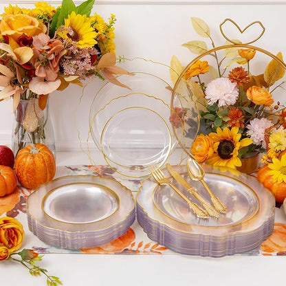 YOUBET 125PCS Thanksgiving Plastic Plates - Clear Gold Disposable Plates - 25 Guests Baroque Plastic Dinnerware Includes 25Dinner Plates, 25Dessert Plate, 75Silverware for Party & Wedding