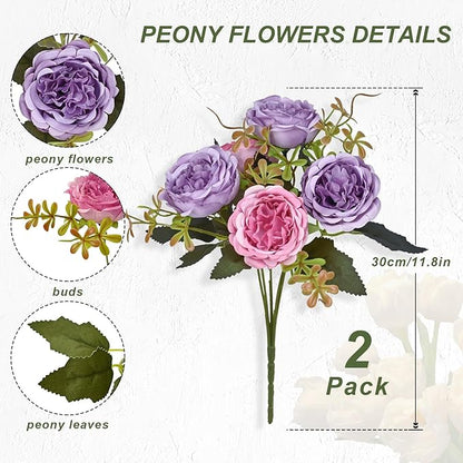MARTINE MALL 2 Packs Peonies Artificial Flowers, Dark Pinkish-Purple Artificial Peonies, Silk Peonies Flowers Fake Peonies Artificial Flowers Peonies Bouquet for Centerpiece Table Wedding Home Decor