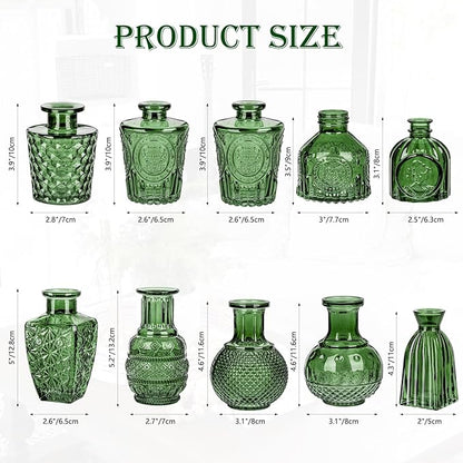 Glass Bud Vases Set of 10, Small Flower Vase in Bulk for Centerpieces, Mini Vintage Peacock Green Vases for Rustic Wedding Vintage Home Table Decor