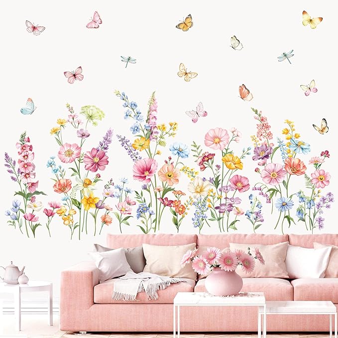 decalmile Flower Wall Decals Daisy Wildflower Grass Butterflies Wall Stickers Girls Bedroom Living Room Home Office Wall Decor