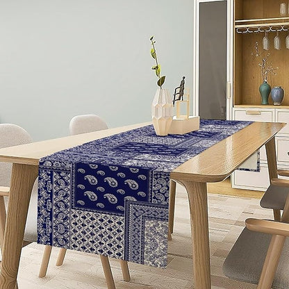 Boho Patchwork Table Runner, Blue White Bohemian Paisley Floral Vintage Farmhouse Table Runner for Kitchen Dining Home Party Holiday, 13x120 Inch