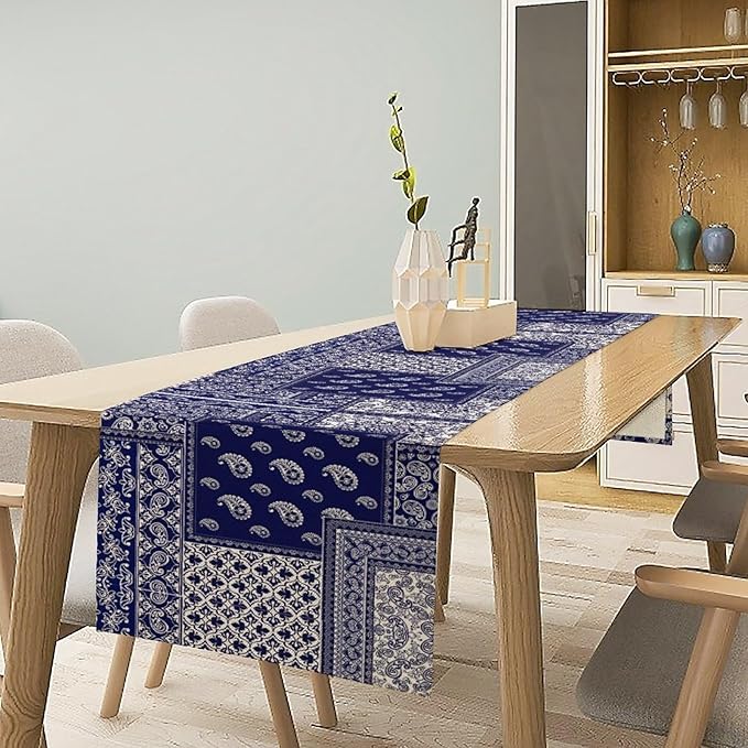 Boho Patchwork Table Runner, Blue White Bohemian Paisley Floral Vintage Farmhouse Table Runner for Kitchen Dining Home Party Holiday, 13x70 Inch