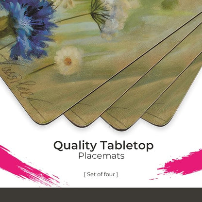 Pimpernel Fleurs des Champs Collection Placemats & Coasters Set (15.7" x 11.7") – Blue & White Cornflower Pattern on Cork-Backed Boards, Heat & Stain Resistant Dining Mats with Lacquered Finish