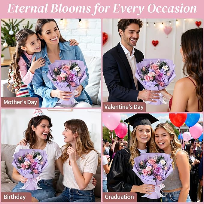 Lewondr Flower for Delivery, Preserved Flowers Bouquet, Purple Rose Bouquet, Real Long-Lasting Forever Birthday Flowers Gifts for Mom Grandma Wife Women Mothers Day Anniversary Christmas, Pink-Purple