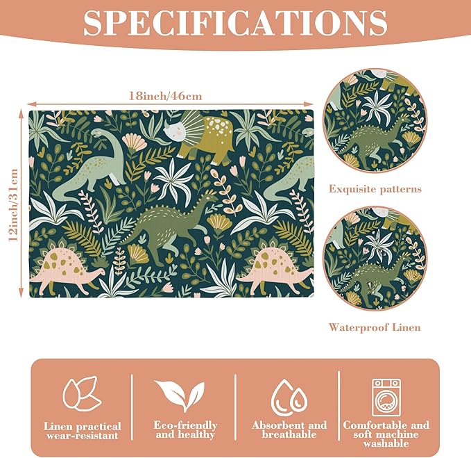 Placemats Set of 4 Dinosaurs and Tropical Leaves Dining Place Mats Linen Table Mat for Farmhouse Home Kitchen Decor 12 X 18 Inch