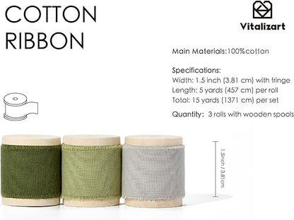 Vitalizart Sage Green Ribbon 1-1/2" x 15 Yd 100% Cotton Handmade Frayed Fringe Fabric Incanus Ribbons for Gift Wrapping Wedding Invites Bridal Shower Bouquets Christmas Decorations