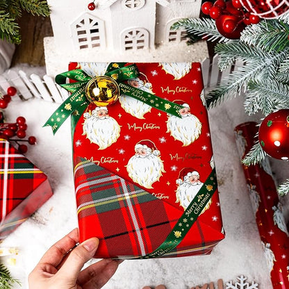 Yarcony Red Christmas Wrapping Paper Roll, Santa Wrapping Paper, Retro Classic Red Santa Claus, Stewart Tartan Plaid Christmas Gift Wrap Sheets for Winter Holiday, Festive Decor (17 Inch X 33 Feet)