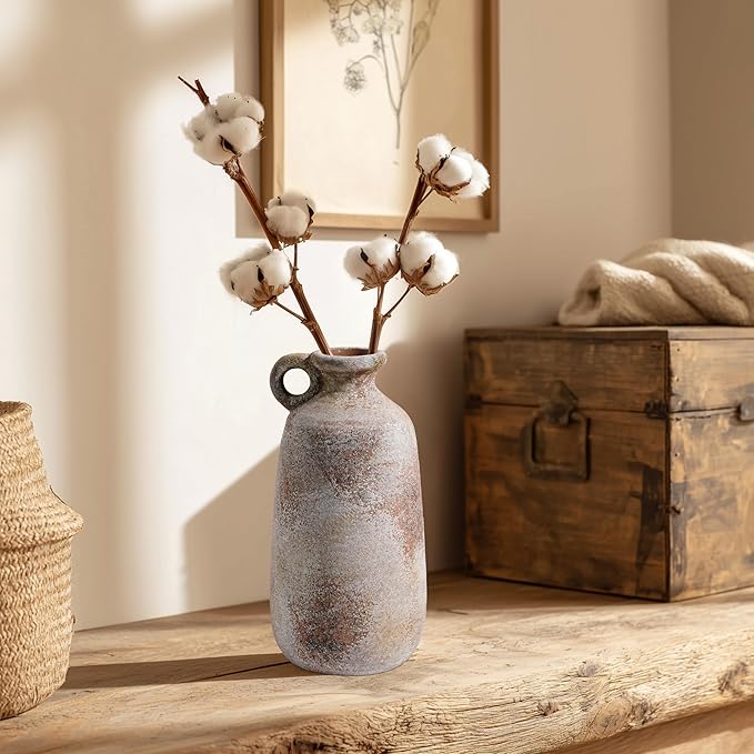 Sunddo 10 Inch Rustic Terracotta Ceramic Vase, Farmhouse Vintage Flower Vase with Handle, Centerpiece Table Decorations, Living Room Kitchen Bedroom Desk Shelf Decor Gift