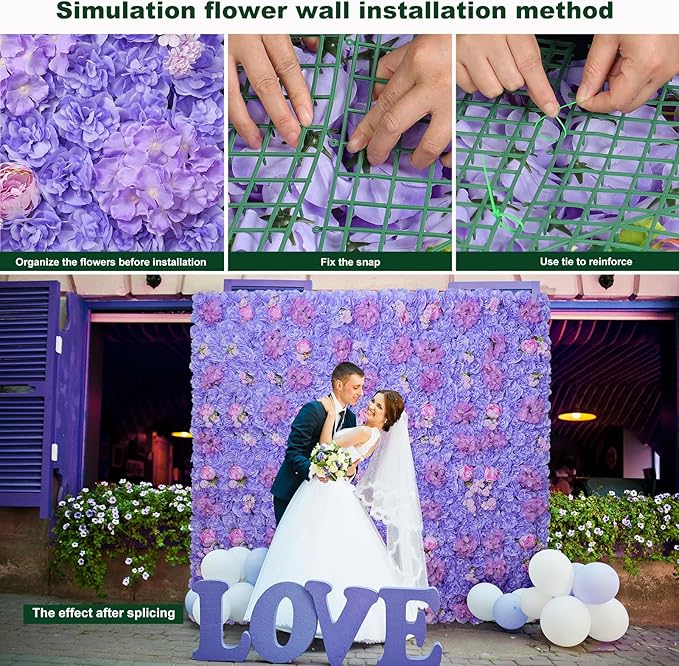 Flower Wall Backdrop 16.5''*16.5'' 12Pcs Artificial Floral Wall Panel 3D Silk Rose Decor for Wedding Home Thanksgiving Day Event Birthday Party Decoration
