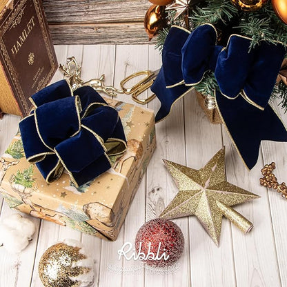 Ribbli Navy Velvet Wired Ribbon 2.5 Inch Luxury Matte Velvet Christmas Ribbon for Gift Wrapping Christmas Tree Decoration Crafts Wreaths Supplies - 10 Yards