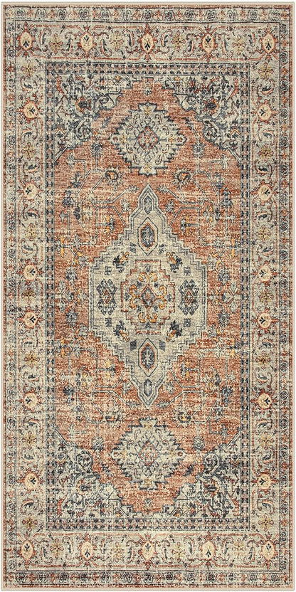 Lahome Oriental Small Area Rug, 2x4 Soft Washable Rugs for Entryway Kitchen, Non-Slip Ultra-Thin Fall Indoor Door Mat Distressed Vintage Small Carpet for Bathroom Bedroom, Peach/Orange