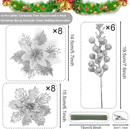 Sawowkuya 22 Pcs Silver Christmas Poinsettia Artificial Flowers and Glitter Berries Stems Kit, Christmas Poinsettias Decorations and Christmas Tree Ornaments for Xmas Home Wedding Holiday Tree Decor