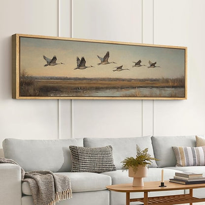 SIGNFORD Large Framed Canvas Print Wall Art Flying Cranes Over Wetlands Vintage Nature Bird Scene Illustrations Modern Art Relax/Calm Warm for Living Room, Bedroom, Office - 60"x20"