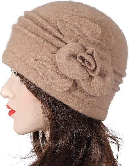 ZLYC Women Wool Cloche Bucket Hat 1920s Vintage Dress Winter Hats with Flower Accent