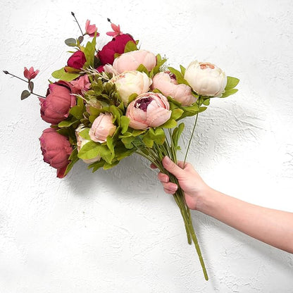 FiveSeasonStuff Pinkish Red and Dusty Pink Vintage Artificial Peonies Silk Flowers and Hydrangeas for Wedding Bridal Home Decor – Beautiful Floral Centerpiece Bouquet (Passion Blush)