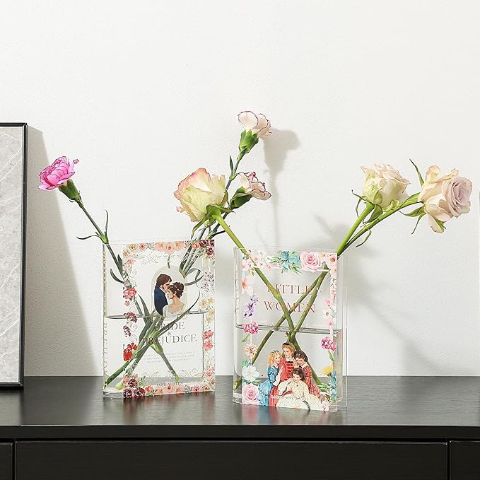 Book Vase, Acrylic Book Vase for Flowers, A Book About Flowers Vase, Book Shaped Vase, Book Flower Vase Clear, Modern Decorative Vase for Living Room, Bathroom, Office, Shelf, Set of 2
