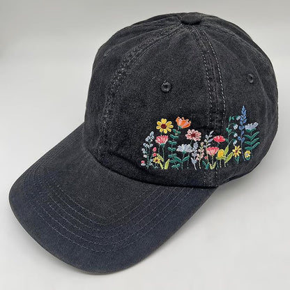 Cute Flower Hat, Elegant Floral Embroidered Adjustable Baseball Cap for Men Women, Gifts for Flower Lovers, Black