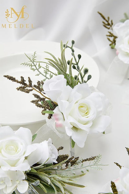 Meldel Boutonniere for Men Wedding, Set of 6, Elegant Artificial White Rose Boutonniere for Wedding Prom Homecoming Party, Perfect Accessories for Groom Best Man