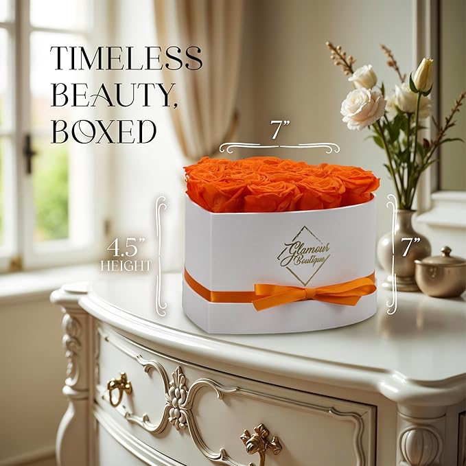 GLAMOUR BOUTIQUE Preserved Roses in a Box - Gifts for Her, Wife & Mom, Rose Flowers Forever Decor for Birthday Gift, Get Well Flower Bouquet Cased in White Box with Cover - Orange - 16-Piece