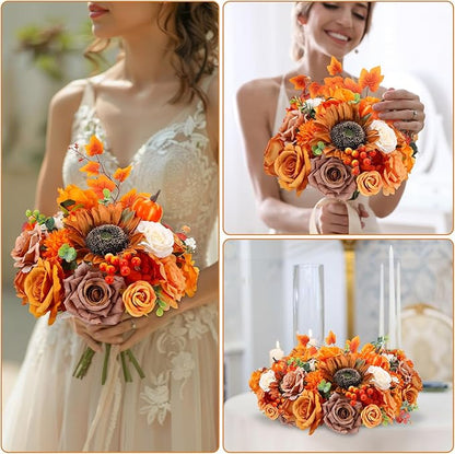 Jspupifip Orange Yellow Artificial Flowers Combo Box Fake Silk Roses with Stems Hydrangea Peony Arrangement for Bridal Shower Boho DIY Wedding Cake White Flowers Table Decorations