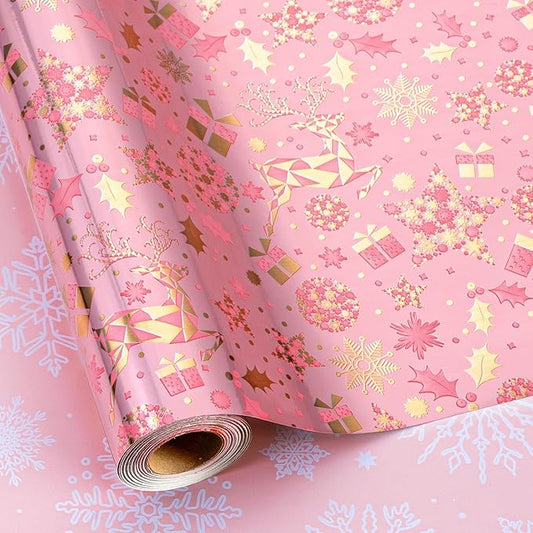 MAYPLUSS Christmas Wrapping Paper Roll - 17 Inch X 33 Feet - Gold Reindeer Star Snowflake Star Reversible HO Gift Wrapping Paper, Thick Wrap Paper for Holiday Party New Year Kids