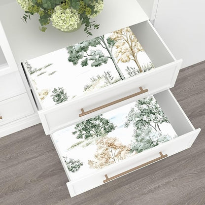 Trees Wallpaper Peel and Stick, White/Green/Yellow Forest Contact Paper, Modern Botanical Landscape Woodland Wall Paper Self Adhesive Waterproof Removable for Shelves Cabinet Drawer Table 17.5" x 118"