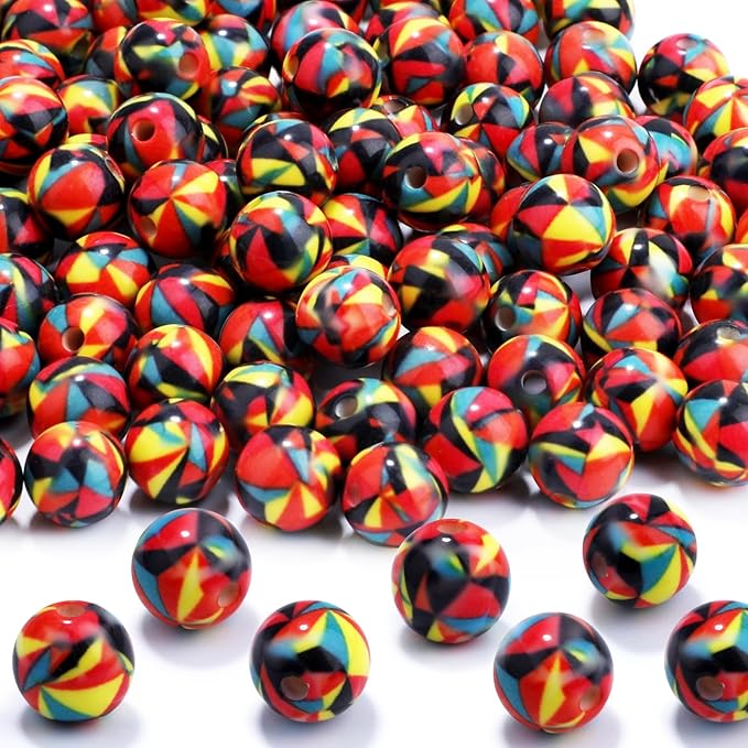 100 PCS 10mm Resin Beads Bulk for Bracelet Making Kit, Red Yellow Black Irregular Pattern Round Loose Beads for Jewelry Earring Necklace Rings Art Craft DIY Projects