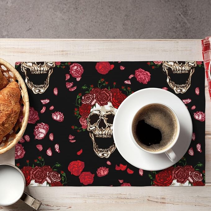 Placemats 4 pcs Skull Flower Double-Layer Imitation Linen Place Mats Non-Slip Heat-Resistant Tablemats for Home Restaurant Hotel 18×12 Inch