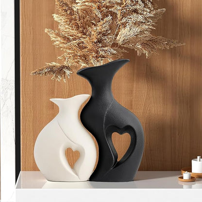 XL Black and White Vase Set of 2,Heart Shaped Ceramic Vases Home Decor,Minimalist Decorative Vases,Modern Home Decor for Wedding Dining Living Room Office Coffee Table Centerpiece