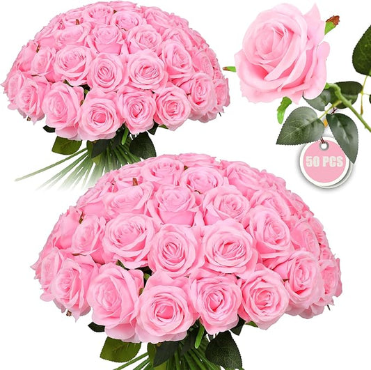 50PCS Artificial Silk Roses in Bulk & Bouquet Long Stem – Realistic Fake Roses for Wedding Centerpieces, Home Decor, Floral Arrangements, Party Decoration (Pink)
