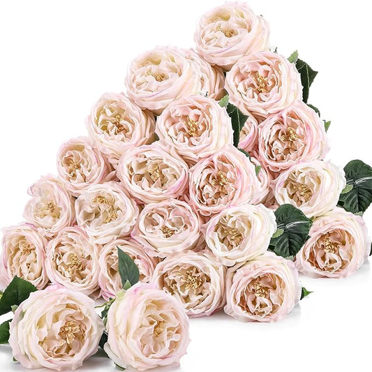 Giegxin 20 Pcs Real Touch Peonies Austin Roses Artificial Flowers, Faux Look Real Long Stems Fake Flower with Big Blooms for Christmas Valentines Wedding Party DIY Arrangement Home Decor(Light Pink)