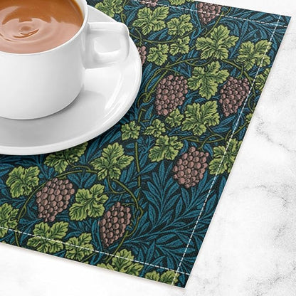 William Morris Vintage Botanical Placemats Set of 6, Retro Grapes Vines Flower Boho Plant Place Mats, Heat Resistant Non Slip Cotton Linen Dining Table Mats for Home Kitchen Party 18x12 Inch