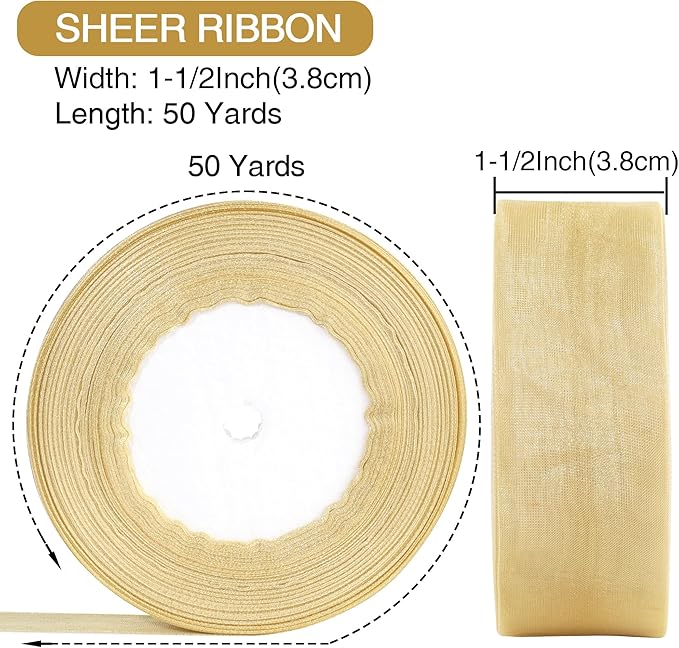 1-1/2 Inch x 50 Yards Sheer Organza Ribbon Chiffon Ribbon for Gift Wedding Flower Bouquet Wrapping Decorations Crafts (Champagne)