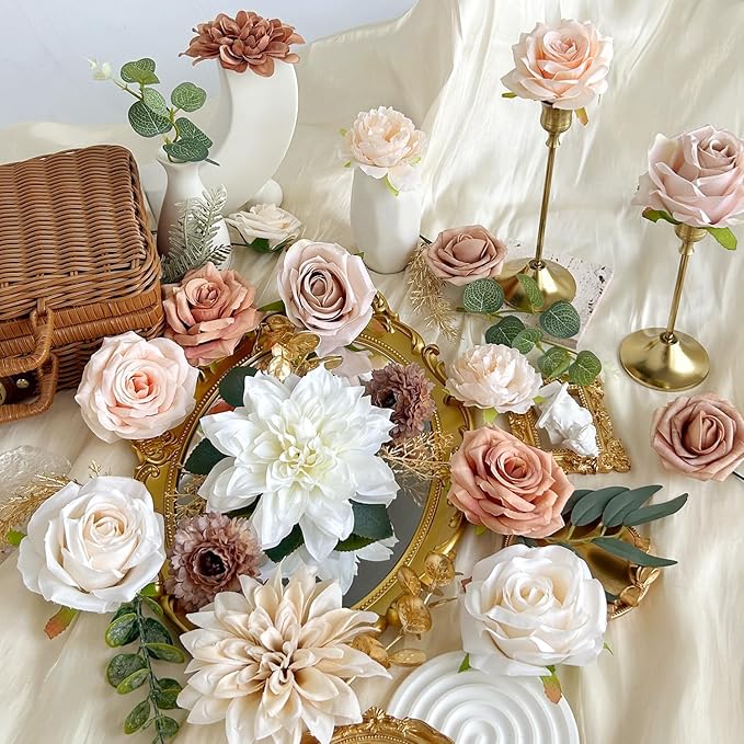 Artificial Flowers Combo Box Set Terracotta Silk Roses Dahlia with Stems DIY Bridal Wedding Bouquets Cake Gold Boho Nude Beige Fake Floral Arrangements Baby Shower Party Table Centerpieces Home Decor