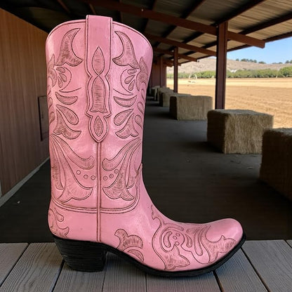 Top Brass Pink Cowboy Boot Vase – Tooled Leather Look Western Decor for Flowers/Stand Alone Accent – Resin Cowgirl Planter with Intricate Design & Protective Pads – Rustic Country Home Art, 10” Tall