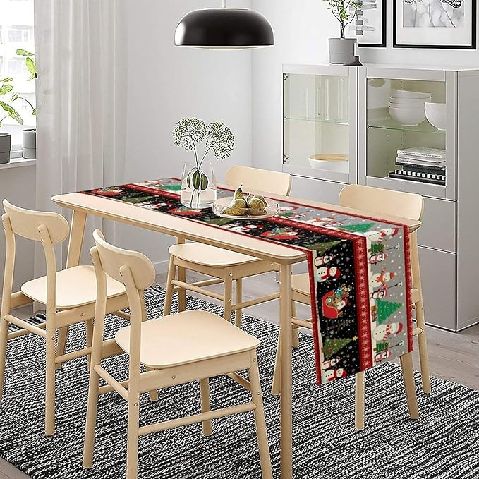 Christmas Table Runner,Cartoon Snowman Tree Xmas Deer Elk Santa Claus Print Tablecloth Burlap for Hotel Indoors Outdoor Dining Room Kitchen Home Decor,W13X L70 in