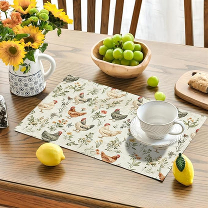 Farmhouse Rooster Placemats Set of 6, Rustic Chicken Place Mats, Country Flowers Dining Table Mats, Washable Placemats for Kitchen Dining Room Home Decor 18L'' × 12W''