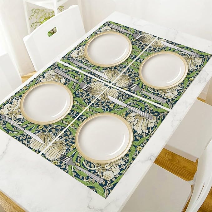 William Morris Flower Placemats Set of 6, Retro Boho Botanical Plant Place Mats, Heat Resistant Non Slip Cotton Linen Dining Table Mats for Home Kitchen Party 18x12 Inch