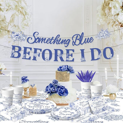 142PCS Something Blue Before I Do Bridal Shower Decorations Bridal Shower Party Favors for 20 Guests Blue Floral Plates and Napkins Tableware Set for Wedding Engagement