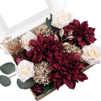 ponatia Artificial Flowers Wedding Flowers Combo for DIY Wedding Bouquets Party Decorations (Gold & Brugundy & Cream)