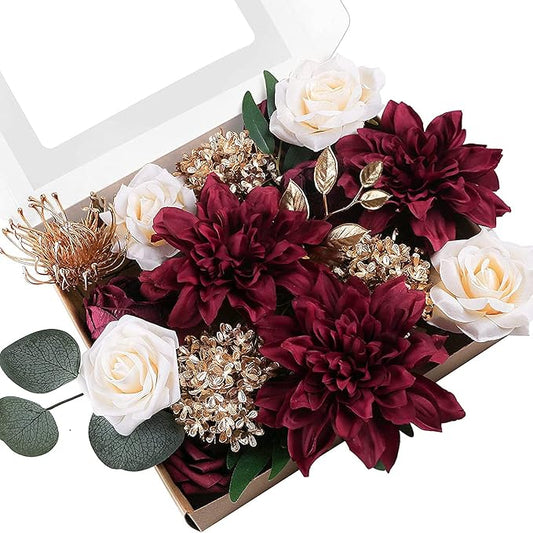 ponatia Artificial Flowers Wedding Flowers Combo for DIY Wedding Bouquets Party Decorations (Gold & Brugundy & Cream)