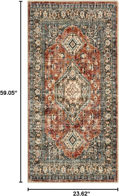 Lahome Oriental Kitchen Runner Rug Non Slip, 2x5 Washable Hallway Runner with Rubber Backing, Vintage Hallway Rug Ultra-Thin Soft Carpet for Bedroom Bathroom, Brick Red